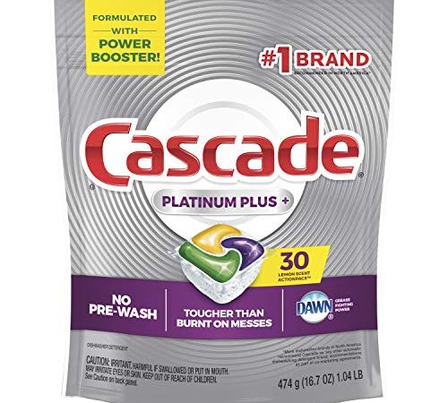 Cascade Platinum Dishwasher Pods, Actionpacs Dishwasher Detergent with Dishwasher Cleaner Action, Lemon Platinum Plus, 30 Count