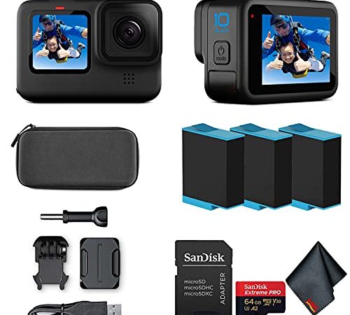 GoPro HERO10 (Hero 10) Black - Waterproof Action Camera with Front LCD and Touch Rear Screens, GP2 Engine, 5K HD Video, 23MP Photos, Live Streaming, 64GB Extreme Pro Card and 2 Extra Batteries