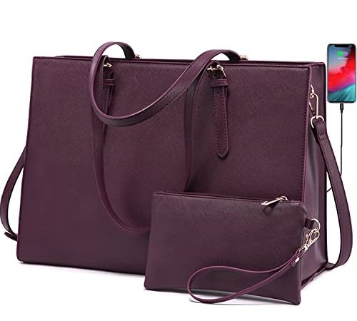 LOVEVOOK Laptop Bag for Women, Fashion Computer Tote Bag Large Capacity Handbag, Leather Shoulder Bag Purse Set, Professional Business Work Briefcase for Office Lady, 2PCs, 15.6-Inch, Deep Plum