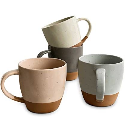 Mora Ceramic Large Latte Mug Set of 4, 16oz - Microwavable, Porcelain Coffee Cups With Big Handle - Modern, Boho, Unique Style For Any Kitchen. Microwave Safe Stoneware - Assorted Neutrals