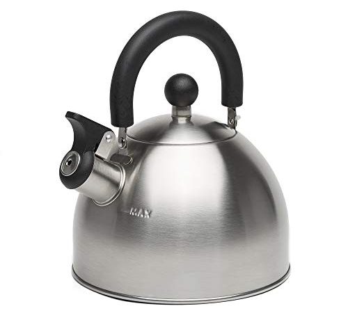 Primula Stewart Whistling Stovetop Tea Kettle Food Grade Stainless Steel, Hot Water Fast to Boil, Cool Touch Folding, 1.5 Qt, Brushed with Black Handle