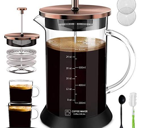 QUQIYSO French Press Coffee Maker - Heat Resistant Glass , 4 Level Filtration System, 304 Stainless Steel, Non-slip Silicone Base, Large 34 Oz Cold Brew Coffee Press for Home & Camping, Copper