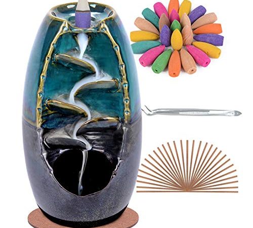 SPACEKEEPER Ceramic Backflow Incense Holder Incense Burner Waterfall, with 120 Backflow Incense Cones + 30 Incense Stick, Aromatherapy Ornament Home Decor, Blue Set