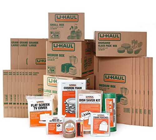 U-Haul Apartment Moving Kit - 21 Boxes, 1 Dish Packing Kit, Foam Pouches, Tape, Mattress Bag, TV Cover, and Other Assorted Packing Supplies