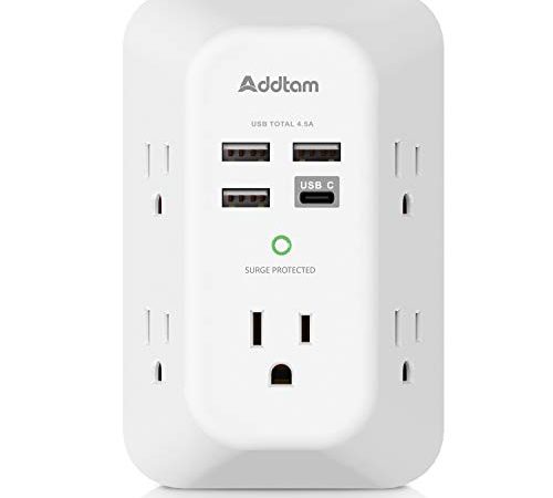 USB Wall Charger Surge Protector 5 Outlet Extender with 4 USB Charging Ports ( 1 USB C Outlet) 3 Sided 1800J Power Strip Multi Plug Outlets Wall Adapter Spaced for Home Travel Office ETL Listed