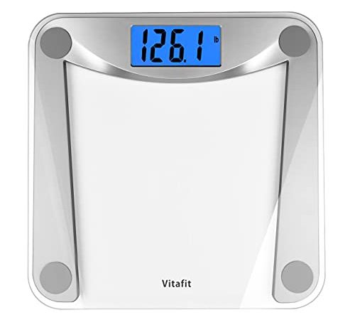 Vitafit Digital Body Weight Bathroom Scale,Focusing on High Precision Technology for Weighing Over 20 Years, Extra Large Blue Backlit LCD and Step-On, Batteries Included, 400lb/180kg,Clear Glass