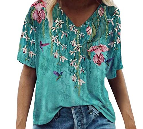 YUNIAO Summer Womens Short Sleeve Plus Size Tops V Neck Casual Workout T Shirts Loose Floral Tunic Basic Tees Henley Tops Blue, XXL