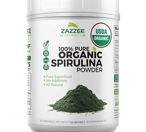 Zazzee USDA Organic Spirulina Powder 2.2 Pounds (1 KG), 303 Servings, 100% Pure and Non-Irradiated, Vegan, All-Natural, and Non-GMO, Mess-Free Wide Mouth Container, Fresh Smell and Neutral Taste