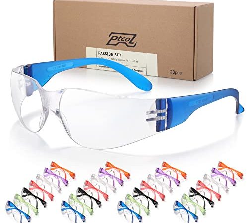 28 Pack Safety Glasses in 7 Colors (Bulk Pack of 24+4) Unisex Clear Anti-Scratch Protective Goggles Impact Resistant Lens Eyewear with ANSI Z87.1 EN166 Certified Perfect for Construction, Shooting and Laboratory