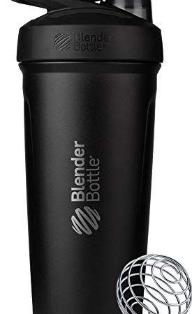 BlenderBottle Strada Shaker Cup Insulated Stainless Steel Water Bottle with Wire Whisk, 24-Ounce, Black