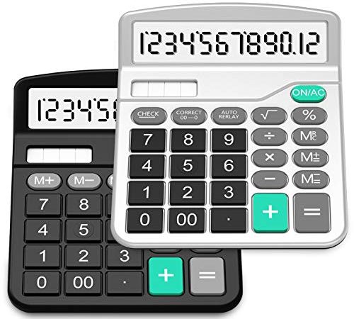Calculators, Splaks 2 Pack Standard Functional Desktop Calculators Sola and AA Battery Dual Power Electronic Calculator with 12-Digit Large Display (1 Basic Black&1 Updated Silver)