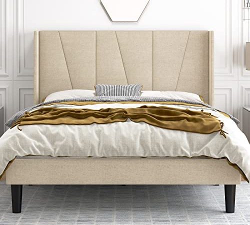 Hoomic Queen Size Upholstered Platform Bed Frame with Modern Geometric Wingback Headboard, Wooden Slats, No Box Spring Needed, Mattress Foundation, Light Beige