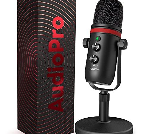 USB Microphone - AUDIOPRO Computer Condenser Gaming Mic for PC/Laptop/Phone/PS4/5, Headphone Output, Volume Control, USB Type C Plug and Play, LED Mute Button, for Streaming, Podcast, Studio Recording