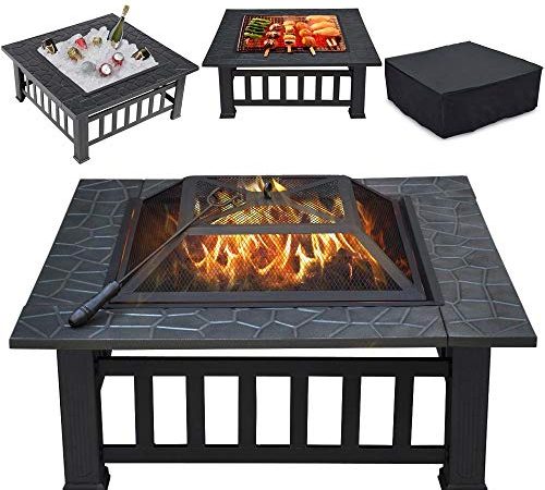 Yaheetech Multifunctional Fire Pit Table 32in Square Metal Firepit Stove Backyard Patio Garden Fireplace for Camping, Outdoor Heating, Bonfire and Picnic