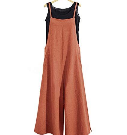 YESNO Women Casual Loose Boyfriend Bib Pants Summer Wide Leg Cotton Jumpsuits Rompers with Pockets XS-5X (L PZZTYP2 Rust)