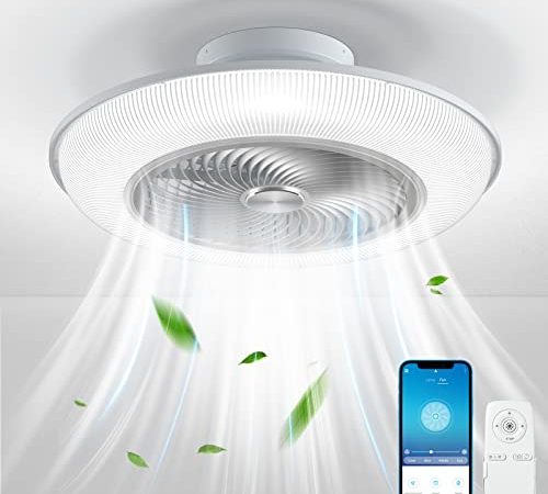 YONOK Ceiling Fans with Lights Remote Control, Battery Included, 23 In Low Profile Bladeless Ceiling Fan 360° Angle Airflow, 8 Blades 3 Gear Wind 3 Color Stepless Dimming, Quick Flush Mount Ceiling Fan