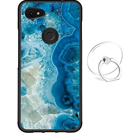 Dynippy Compatible with Google Pixel 3a Case Non-Slip Shockproof Protection Plastic Silicone Rubber Hybrid Protective with Transparent Phone Ring Holder - Blue Marble