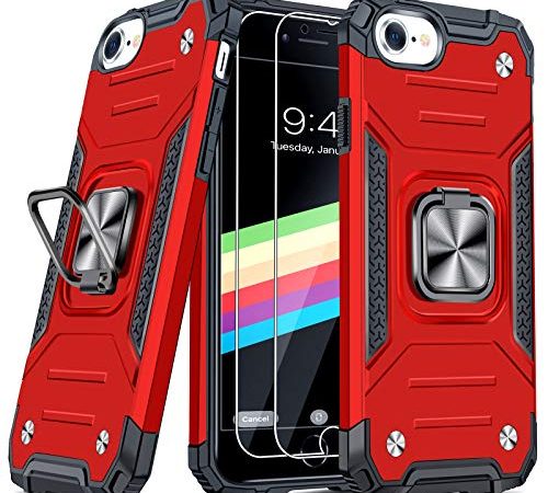 JAME Case for iPhone SE 2022/2020/8/7 Case with Screen Protectors 2Pcs, Military-Grade Drop Protection, Shockproof Protective Phone Cases, with Car Mount Ring Kickstand Case for iPhone SE 2020/8/7 Red