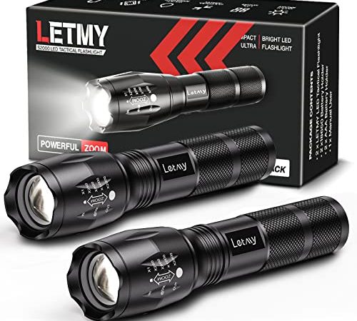 LETMY LED Tactical Flashlight S1000 PRO - 2 Pack Bright, Military Grade XML T6 High Lumens Flashlights - Portable Handheld Flash Lights with 5 Modes, Zoomable, Waterproof for Camping Outdoor Emergency