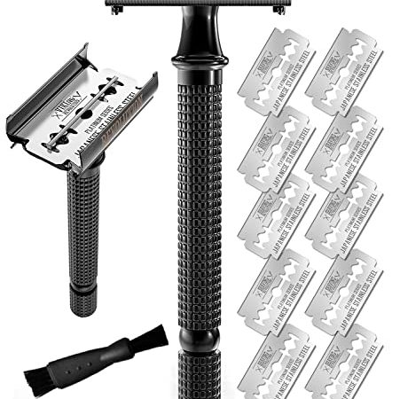 Long Handle Double Edge Safety Razor - Butterfly Open Razor with 10 Japanese Stainless Steel Double Edge Safety Razor Blades - Close, Clean Shaving Razor for Men.