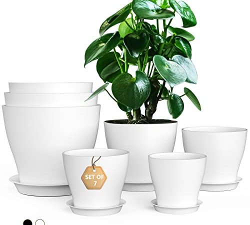 MISOLIFE Plant Pots Planters 7 Pack-7/6.5/6/5.5/5/4.5/4 Inch Plastic Flower Pots with Multiple Drainage Holes and Trays, Planters for Indoor Plants, Flowers, Snake Plant, White