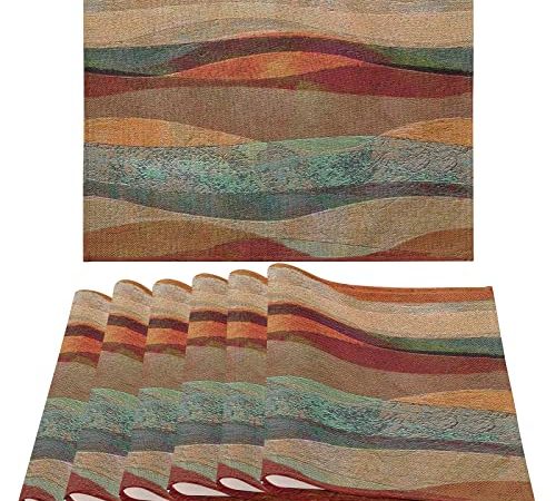 Placemats Set of 6, Southwest Arizona Travertine Sandstone Non Slip Heat Resistant Linen Cloth Place Mats, Turquoise Stripes Washable Holiday Party Dining Table Mat for Farmhouse Home Kitchen Decor