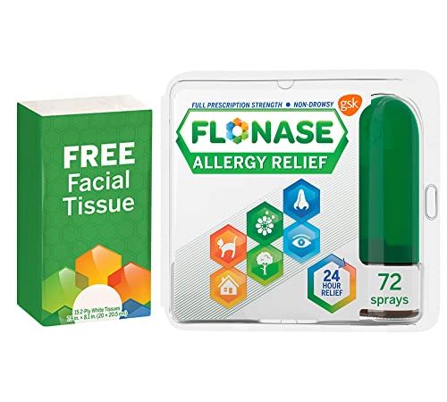 Flonase Allergy Relief Nasal Spray, 24 Hour Non Drowsy Allergy Medicine, Metered Nasal Spray - 72 Sprays + Pack of Tissues