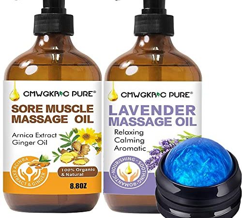 Massage Oil for Massage Therapy, Ginger Massage Oil -2 Pack Arnica & Ginger Oil-Warming Tired Sore Muscles & Lavender Relaxing Massage Oil-Romantic,Aromatic,Soothing Massage Oil Massage Ball Gift Set