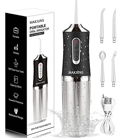 Water-Flosser-Cordless-Teeth-Cleaner MAKJUNS Portable Water Teeth Cleaner with 3 Modes 4 Jets-Rechargeable Dental Oral Irrigator for Travel Home Braces(Black)