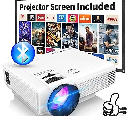 2022 Upgraded Mini Projector with Bluetooth and Projector Screen, Full HD 1080P Supported Portable Video-Projector, Home Theater Movie Projector Compatible with HDMI,VGA,USB,AV,Laptop,Smartphone