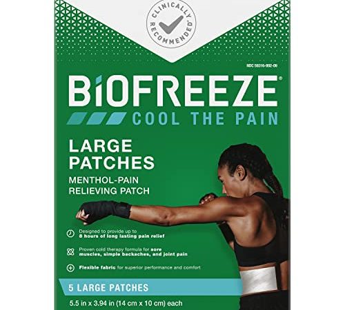 Biofreeze Menthol Pain Relieving Patches (5 Patches Per Box) Up To 8 Hours Of Pain Relief From Sore Muscles, Arthritis, Backaches, Spains, Bruises, Strains And Joint Pain (Package May Vary)