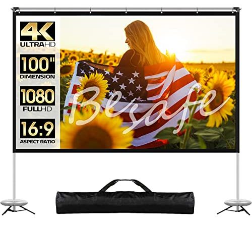 Projector Screen with Stand, 100 inch Outdoor Movie Screen with Tripods, 16:9 4K HD Portable Video Projection Screen for Backyard Home Theater Outside Movie Night Camping w Carry Bag (100 Inch)