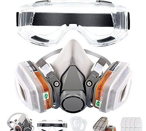 Respirator Mask Reusable Half Face Cover Gas Mask with Safety Glasses, Paint Face Cover Face Shield with Filters for Painting, chemical, Organic Vapor, Welding, Polishing, Woodworking and Other Work Protection