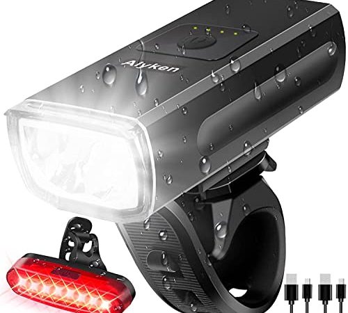 Alyken Bike Lights Set, Super Bright Bicycle Light USB Rechargeable Bike Lights for Night Riding Safety Refracted Bike Light 1200 Lumen IPX65 Waterproof 2+6 Modes Front Headlight and Rear Taillight