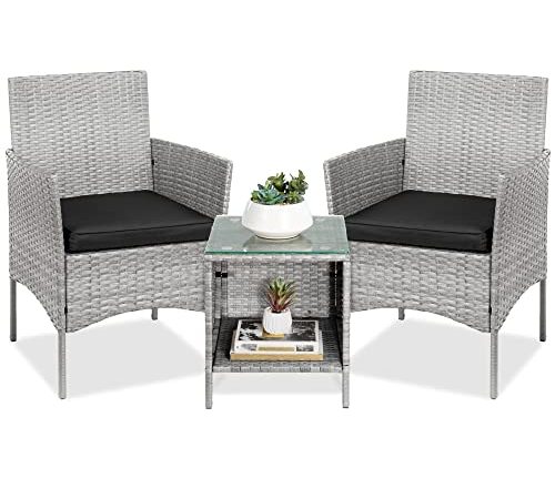 Best Choice Products 3-Piece Outdoor Wicker Conversation Bistro Set, Space Saving Patio Furniture for Yard, Garden w/ 2 Chairs, 2 Cushions, Side Storage Table - Gray/Black