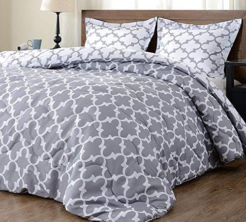 downluxe Lightweight Down Alternative Reversible 3-Piece Comforter Set with 2 Reversible Pillow Shams,Grey, Full/Queen
