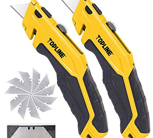 TOPLINE 2 Pack Retractable Utility Knife, Retractable Box Cutter, Blade Storage Design, 18-Piece SK5 Blades and a Dispenser Included (2-PACK)