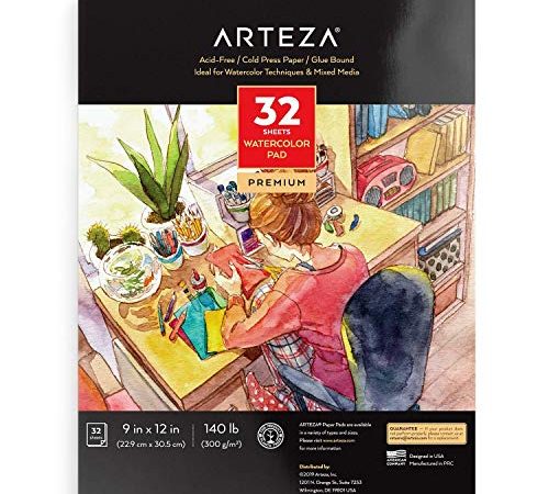 Arteza 9"x12" Watercolor Pad, 32 Sheets, 140lb/300gsm, Glue Bound, Cold Pressed, Acid Free Watercolor Paper Pad, Art Supplies for Wet, Dry & Mixed Media