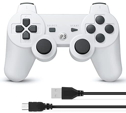 Powerextra PS-3 Controller Wireless Compatible with Play-Station 3 Rechargable Remote Control Gamepad with Charging Cable for PS-3 (White)