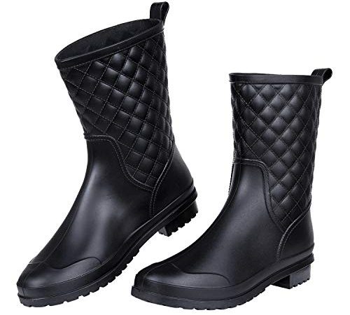 Women's Mid Calf Black Rain Boots Waterproof Lightweight Garden Shoes, 7 Size