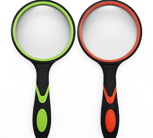 2 Pack 75mm 10X Handheld Magnifying Glass Shatterproof Reading Magnifier for Seniors and Kids, Real Glass Magnifying Lens with Non-Slip Rubber Handle for Reading Hobbies and Science (Orange+Green)