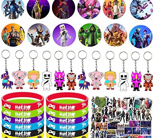 86pcs Fortnite Game Birthday Party Supplies,Video Game Party Favors Set,Include 12 Button Pins,12 Key Chains,12 Silicone Wristbands and 50 Stickers for Kids,for Game Themed Party Favors