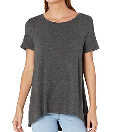 Amazon Essentials Women's Relaxed-Fit Short-Sleeve Scoopneck Swing Tee (Available in Plus Size), Charcoal Heather, Medium