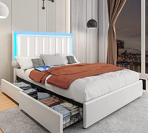 Catrimown Full Size Bed Frame with 4 Storage Drawers and LED, Modern Upholstered Platform Bed with Faux Leather Adjustable Headboard, Wooden Slats Support, Full Bed Frames No Box Spring Needed, White