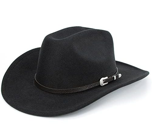 Classic Western Felt Cowboy Cowgirl Hat for Women Men Big Wide Brim Belt Buckle Panama Fedora （Size:7 1/8