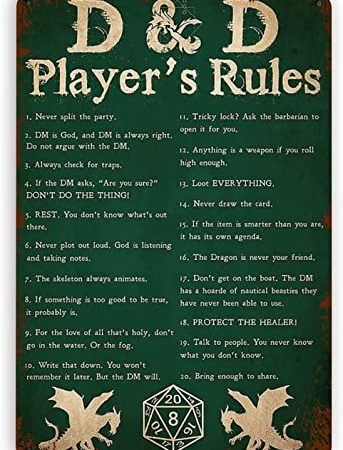EYSL DND Player's Rules Metal Tin Sign Wall Art Home Decor Kitchen Poster Cafe Pub Plaque 12x16 Inch