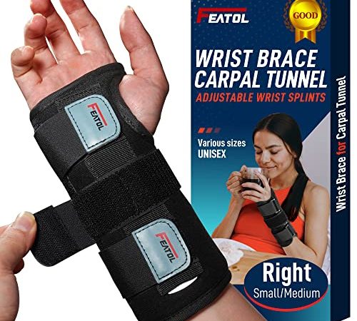 FEATOL Wrist Brace for Carpal Tunnel Relief, Wrist Support Brace with Metal Splints Right Hand, Small/Medium for Women and Men, Adjustable Arm Compression Hand Support for Tendonitis, Arthritis, Injuries, Wrist Pain, Sprain