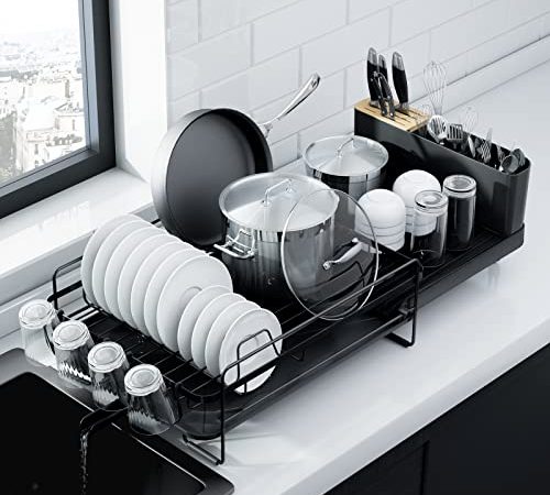 Kitsure Large Dish Drying Rack - Extendable Dish Rack, Multifunctional Dish Rack for Kitchen Counter, Anti-Rust Drying Dish Rack with Cutlery & Cup Holders for Various Kitchenware