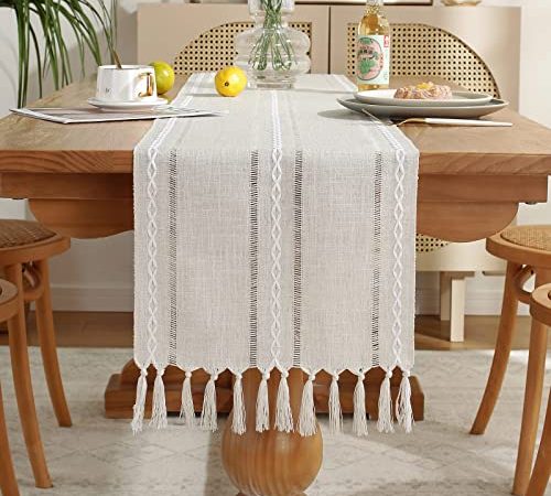 Laolitou Rustic Table Runner with Tassels, Cotton Linen Table Decoration for Holiday Party, Farmhouse Table Runners, Wedding and Dining Decorations, 72 Inches, Ivory