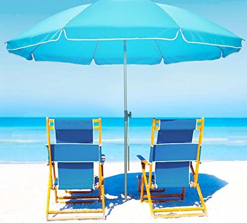 LE CONTE 7FT Beach Umbrella with Sand Anchor, SPF60+ Portable Sunshade Umbrella with Tilt Mechanism, Air Vents Design, Carry Bag for Outdoor Garden (Ocean Blue)